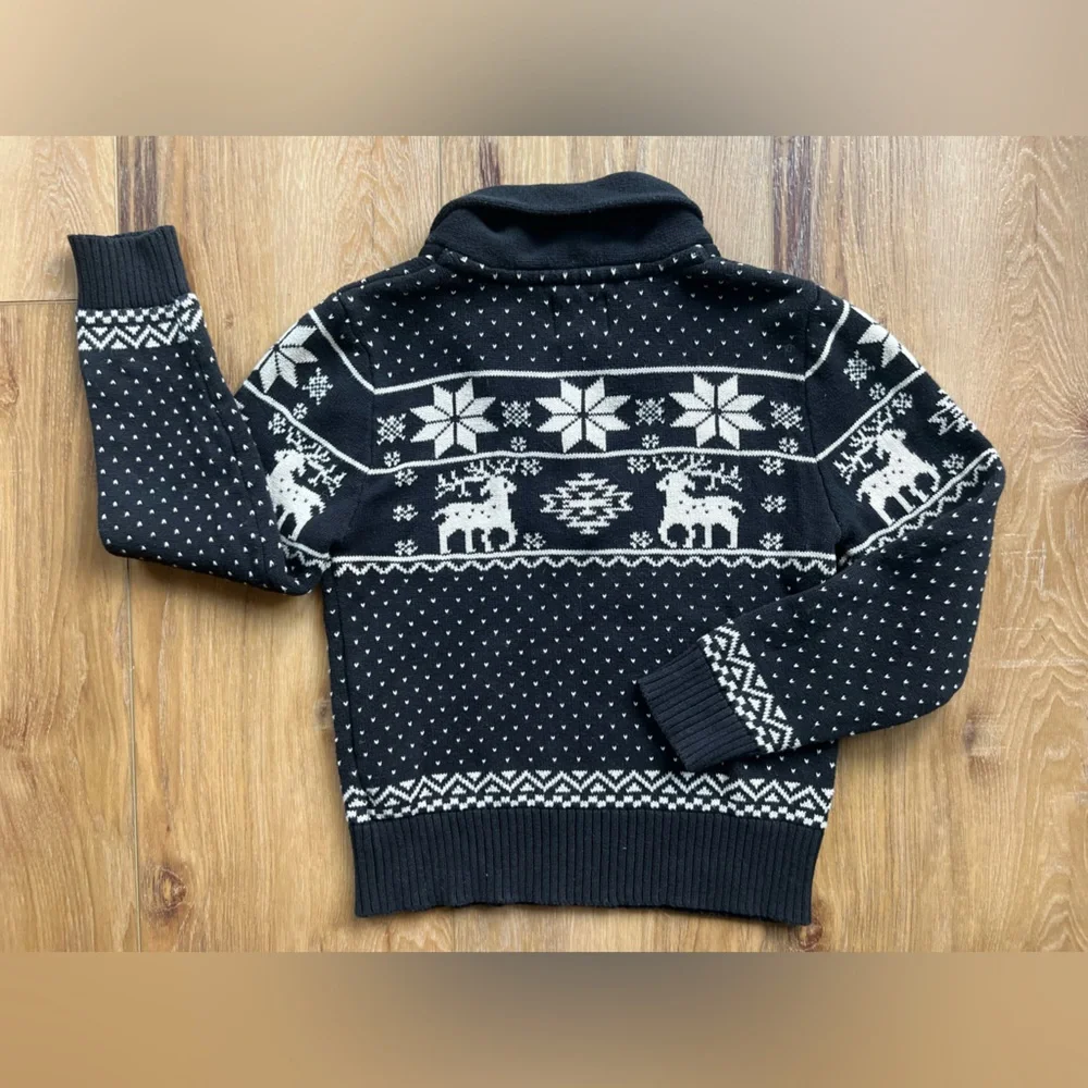 Peek Kids Fair Isle Reindeer Shawl Collar Sweater Black & Cream Medium 6–7 Years